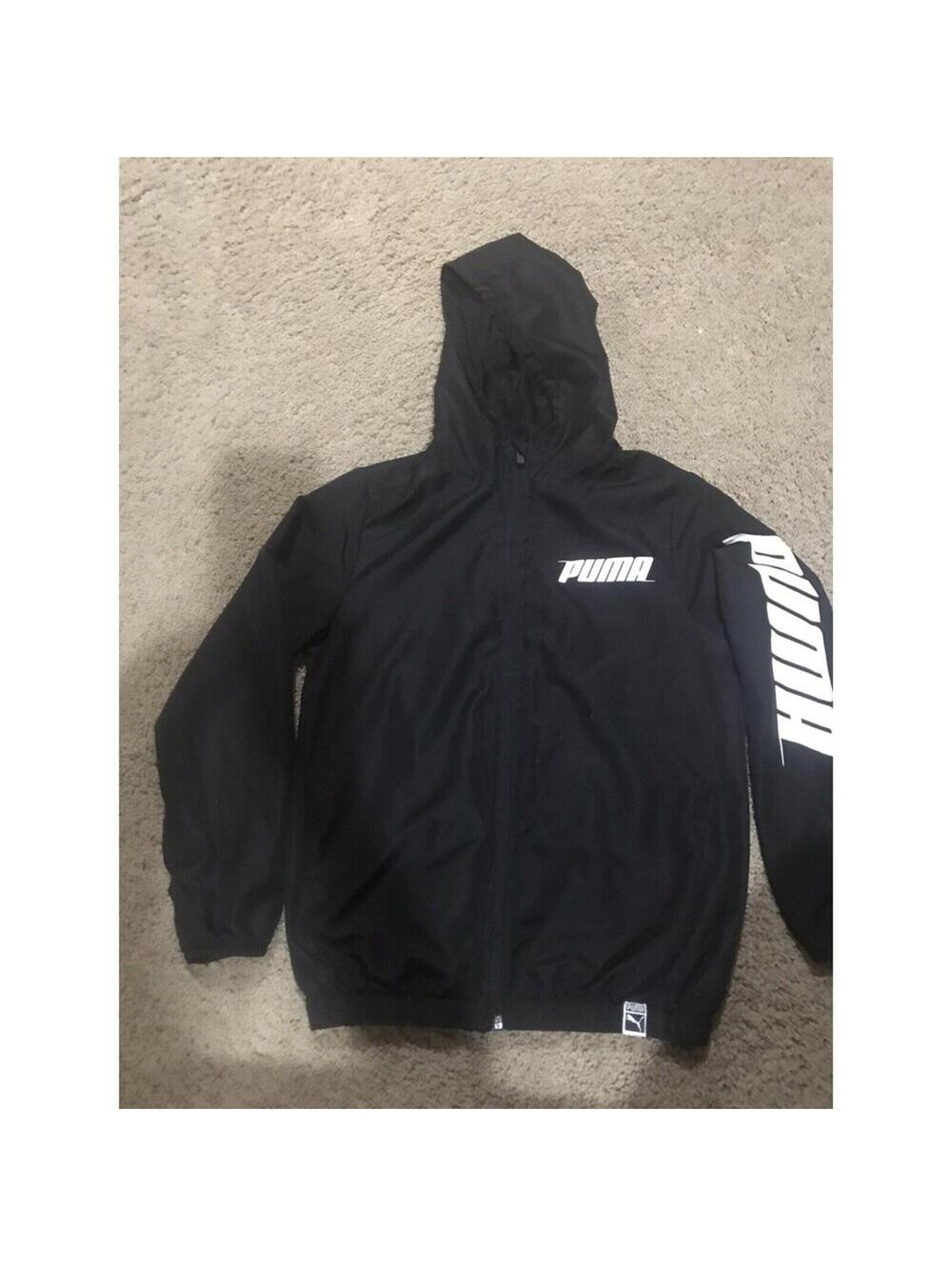 PUMA Boys Windbreaker Lightweight Full Zip Hooded Jacket Black/White L LARGE 10/